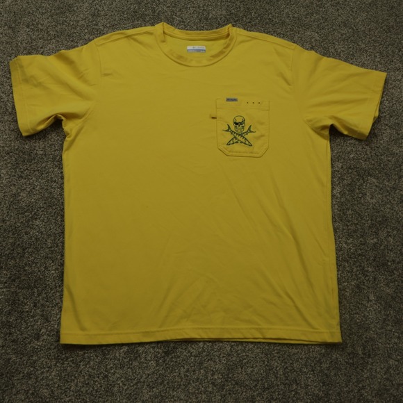 Columbia PFG T Shirt Mens XL Yellow Skull Fish Pocket Short Sleeve Tee thick - Picture 1 of 10